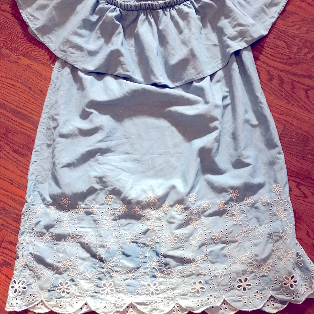 Cool Chambray look off shoulder dress. Pretty detail to hem   Softest material